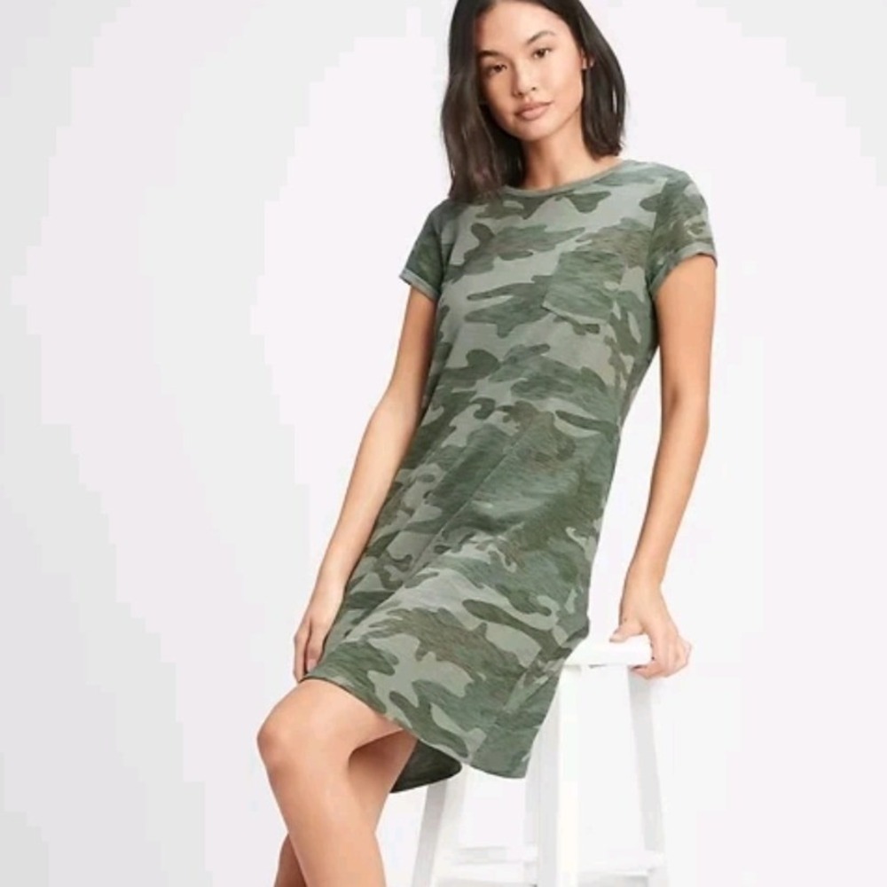 GAP Women XL Green Camouflage Short Sleeve Cotton Slub T-Shirt Shift Dress NWOT‎